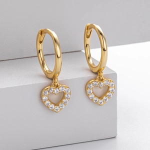 Minimalist S925 silver gold plated heart hoop earrings with micro paved crystals