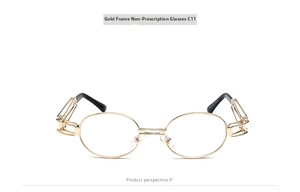 Macro detail of gold oval glasses frame with unique hollow temples and clear C11 lenses