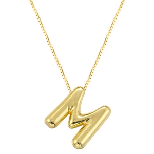 Polished gold puffy letter M pendant necklace with a mirror finish on a sleek box chain