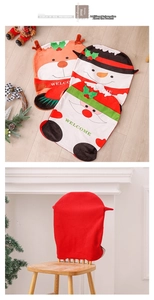 Detail of Christmas chair covers featuring Santa, snowman and elk designs for festive dining