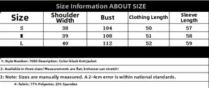 Detailed size chart for the round neck knit cardigan with chest and sleeve measurements