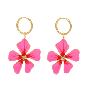 18K gold plated stainless steel hoop earrings with pink enamel flower charms and crystals