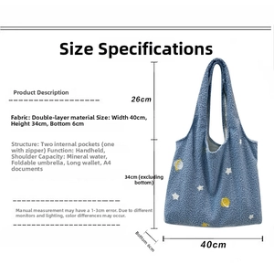Size chart for 40x34cm fleece shoulder bag with double-layer fabric and inner pockets