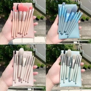 Detail of 8pcs mini makeup brush sets in four colors with matching PU leather pouches