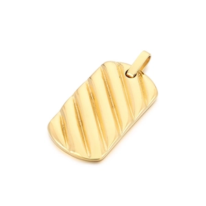 Polished 18k gold plated stainless steel rectangular pendant with grooved stripe pattern