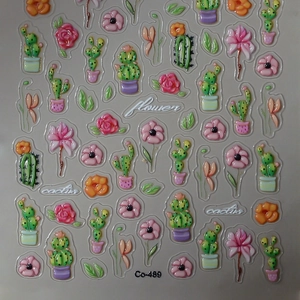 Exquisite 5D embossed cactus and flower nail art stickers with 3D jelly texture
