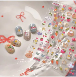 Detail of 5D embossed rabbit and floral nail art stickers with macaroon pastel colors