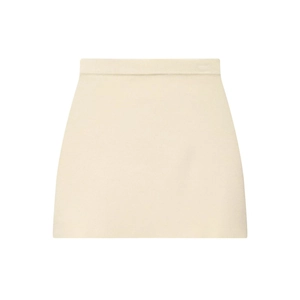 Chic cream white knitted slim-fit cardigan and mini skirt set on white background