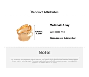 Detailed spec view of a gold wrinkled metal cuff bangle with weight and size data