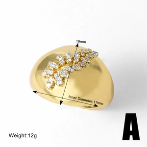 Detailed view showing 17mm inner diameter and 19mm height of gold daisy ring with zircons