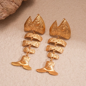 Detailed view of golden fishbone drop earrings with segmented links and embossed texture