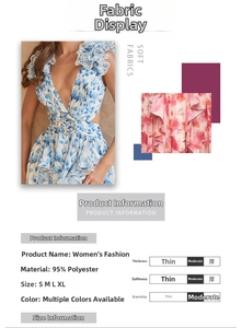 Detail of floral backless dress showing blue fabric texture and 95% polyester material