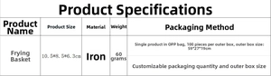 Detailed specifications table of square stainless steel mini frying basket 10.5x8.5x6.3cm