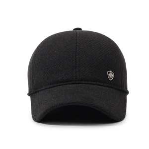 Winter men's fleece lined baseball cap with ear flaps in black wool blend fabric