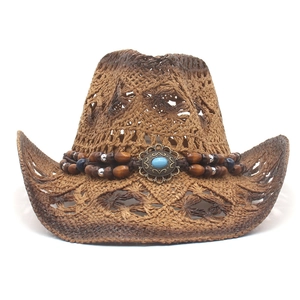 Western straw cowboy hat with turquoise bead band and open-weave design for sun protection