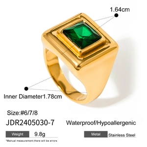 Detail of square emerald stone on a gold stainless steel ring with size specifications