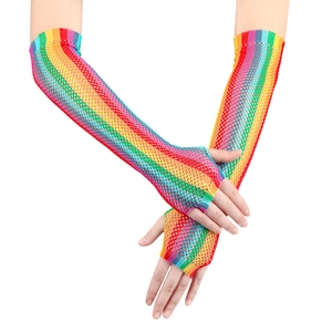 Detail of colorful rainbow mesh fingerless long gloves with elastic fishnet texture