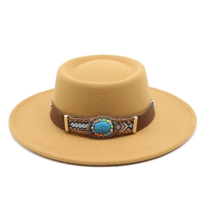 Beige flat brim wool fedora hat with turquoise ethnic pattern decorative band