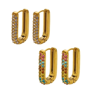 18k gold plated stainless steel square earrings with clear and rainbow cubic zirconia