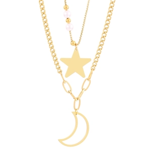 Gold layered necklace with pearls and celestial star and moon pendants on white background