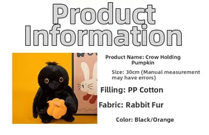 Detail view of 30cm plush crow holding a pumpkin with soft rabbit fur texture and PP cotton