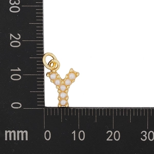 Close-up of gold letter Y necklace pendant with pearls, measuring 15mm in height