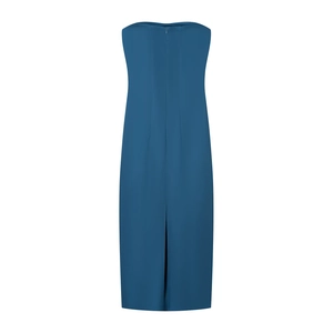 Satin strapless dress in navy blue with back invisible zipper and bottom slit detail