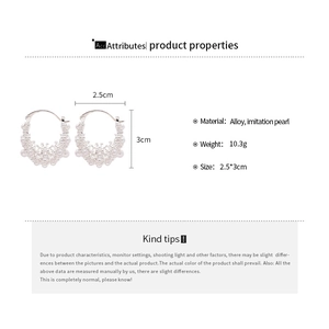 Detail view of silver hollow basket pearl earrings with size measurements and specifications