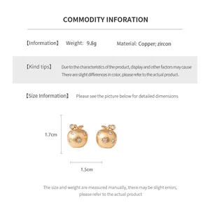 Size chart for 18K gold plated apple earrings showing 1.7cm height and 1.5cm width specs