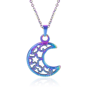 Macro shot of stainless steel crescent moon and star pendant in iridescent rainbow plating