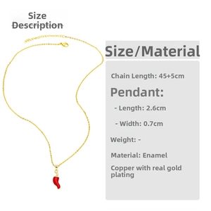 Detail showing the dimensions 2.6cm x 0.7cm of the red enamel chili pepper pendant