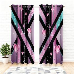 Pink and purple velvet blackout curtains with heart pattern and silver grommet top style