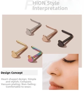 L-shaped heart nose stud set in five colors with vacuum plating and polished finish