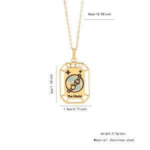 Detail of gold stainless steel Tarot The World pendant with dimensions and weight info