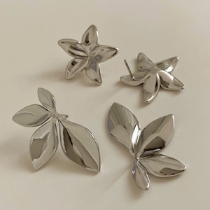 Macro detail of silver floral and leaf earrings with polished metallic surface finish