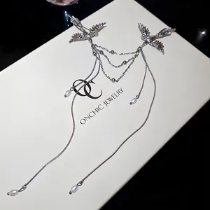 New Chinese style silver phoenix brooch with elegant white pearl tassels and intricate wings
