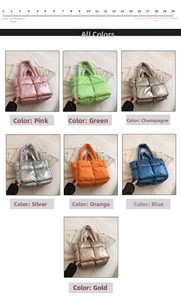 Collage of quilted puffer tote bags in seven metallic colors on a white background