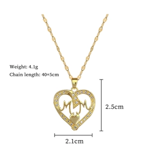 Detailed view of heart pendant necklace with MOM lettering and product dimensions