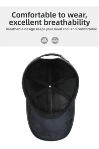 Detail view of the breathable lining and stitching inside the blue baseball cap