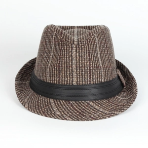 Close-up of brown striped wool fedora hat with black leather band detail