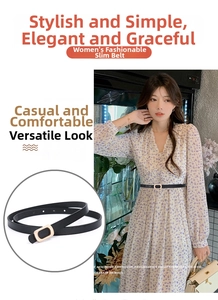 Detail of slim black PU belt with a polished gold rectangular buckle for women