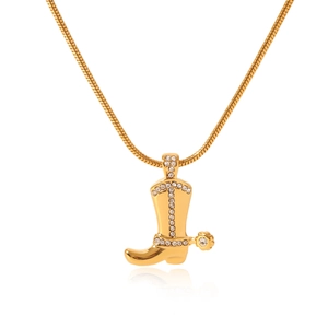 Collier avec pendentif botte de cowboy dorée en acier inoxydable et strass étincelants