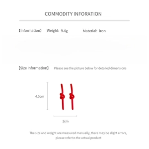Detailed technical specification sheet showing dimensions and 9.4g weight for red knot earrings