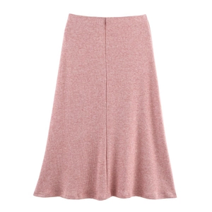 Détail à plat d'une jupe rose trapèze à taille haute en maille chinée douce