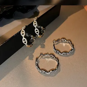 Oval Chain Link Hoop Earrings Copper Paved Cubic Zirconia With Silver Earring Post Elegant High Fashion Jewelry For Women