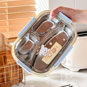 3-compartment stainless steel bento box with blue clips for student school lunches