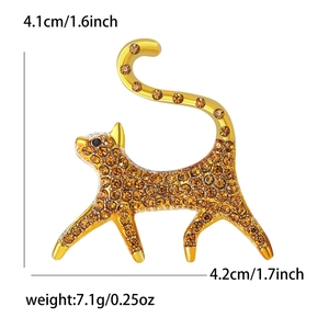 Golden cat brooch with amber rhinestones measuring 4.1cm by 4.2cm for women's fashion