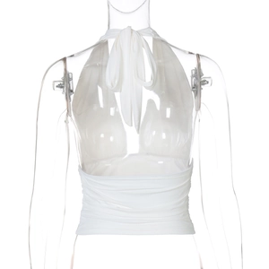 Rear view of white halter neck top with stretch fabric and tie-back neck detail