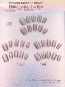 Macro shot of 30pcs brown galaxy cat-eye press-on nails in M S and XS size sets
