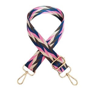 Adjustable wide replacement shoulder strap with pink and blue geometric pattern and gold clips